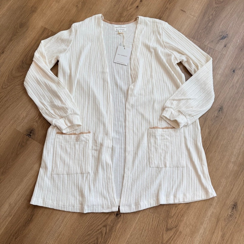 NWT BLU PEPPER Cream Ribbed Open‎ Front Cardigan with Lace Trim Pockets Medium